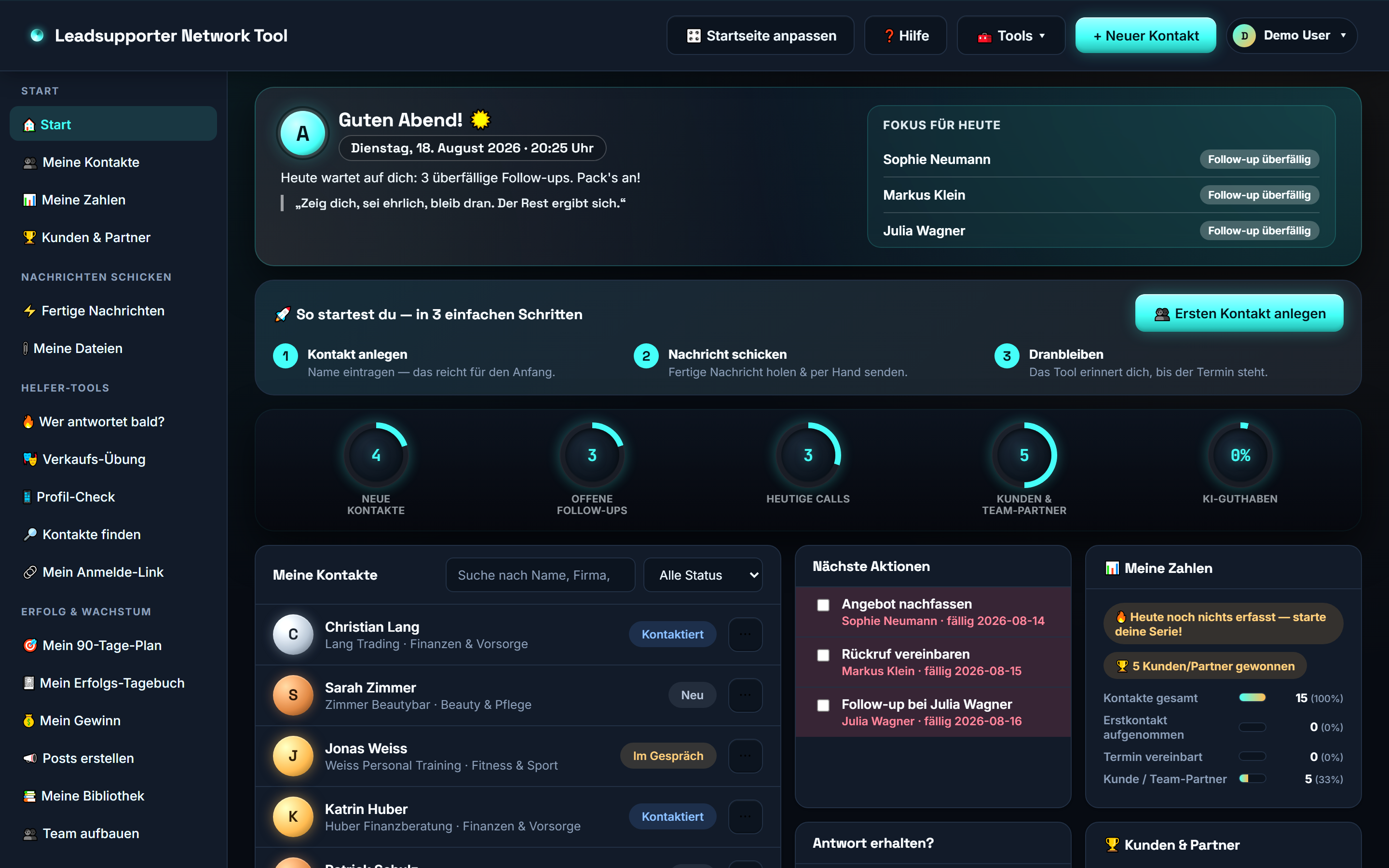 Leadsupporter Dashboard — Kontakte, Pipeline und 90-Tage-Durchbruch